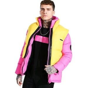 BoohooMan 2-in-1 Puffer Coat And Vest Colorblock Zip Up Colorful Men's Size XL